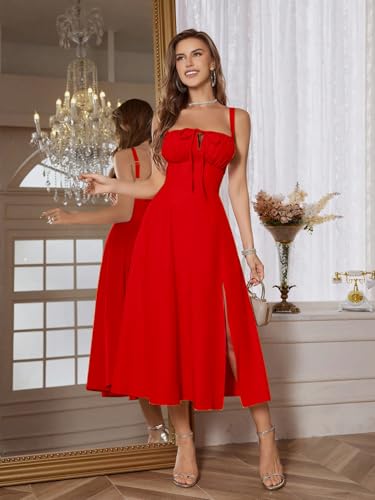 Image of Solid Lace Up Backless Ruched Boning Spaghetti Strap Slim Fit Long Cami Dress for Women's & Girl's