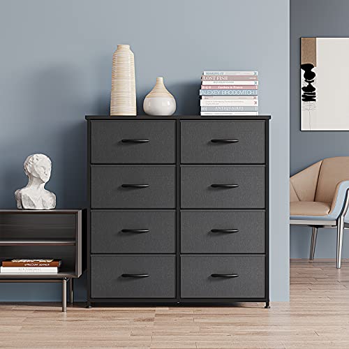 Cubicubi Dresser For Bedroom, 8 Drawer Storage Organizer Tall Wide Dresser For Bedroom Hallway, Sturdy Steel Frame Wood Top, Black Grey #TOP1