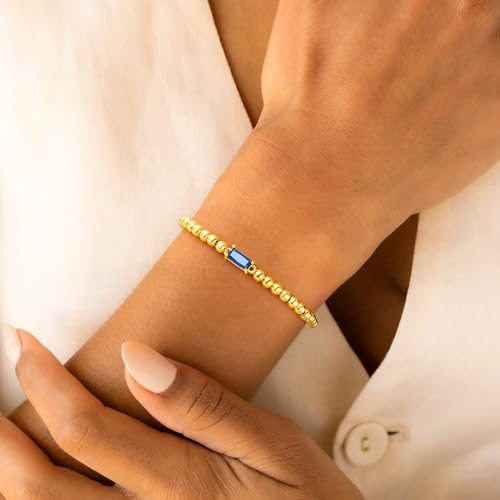 Yoosteel Dainty Birthstone Bracelet for Women - Elastic 14K Gold Plated Bead Bracelets Trendy Friendship Birthday Jewelry Gifts for Women4