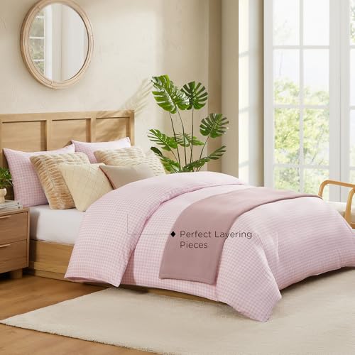 Image of Andency Gingham Duvet Cover Queen Size, Pink Blush Checkered Plaid Bedding Set, 3 Pieces Soft Prewashed Polyester Comforter Cover with Zipper Closure & Corner Ties