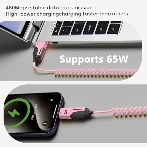 Image of 4 in1 Type C Cable with Spring, PD65W C Type Cable Fast Charging, 480Mbps Data Transfer USB to Type C Cable, Multi Adjustable Cable with Type C /USB A /Light-ning Port (MULTICOLOR)