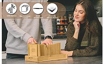 Bamboo Bread Slicer with Crumb Tray Bamboo Bread Cutter for Homemade Bread, Loaf Cakes, Bagels Slicer, 3 Slice Sizes, Adjustable, Compact, Foldable