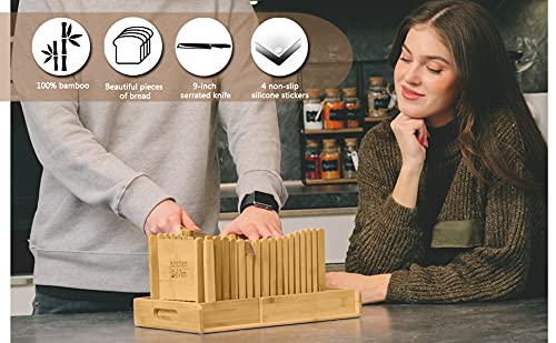 Kitchen Seven Bamboo Bread Slicer With Crumb Tray Bamboo Bread Cutter For Homemade Bread, Loaf Cakes, Bagels Slicer, 3 Slice Sizes, Adjustable, Compact, Foldable #TOP3