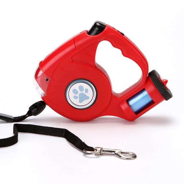 Edipets, Correa Perro Extensible, Retráctil, con Linterna LED, 5 m, Cinta Flexible para Adiestramiento y Paseo, con Porta Bolsas (Rojo)