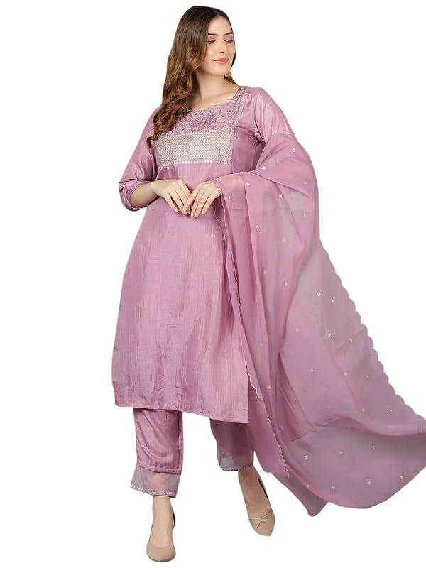 Image of Vaamsi Women's Silk Blend Sequins Yoke Design Straight Kurta Pant With Dupatta
