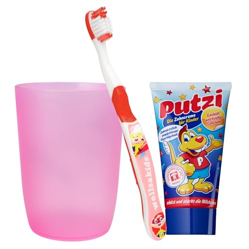 wellsakids Zahnpflegeset 3-teilig für Kinder Set mit rosa-transparentem Becher, Putzi Zahnpasta und Kinderzahnbürste, Zahnputzset von wellsamed