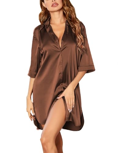 Image of Ekouaer Women's Satin Nightshirt Button Down Sleepshirt Silk 3 /4 Sleeve Nightgown Boyfriend Notch Collar Sleepwear S-3XL