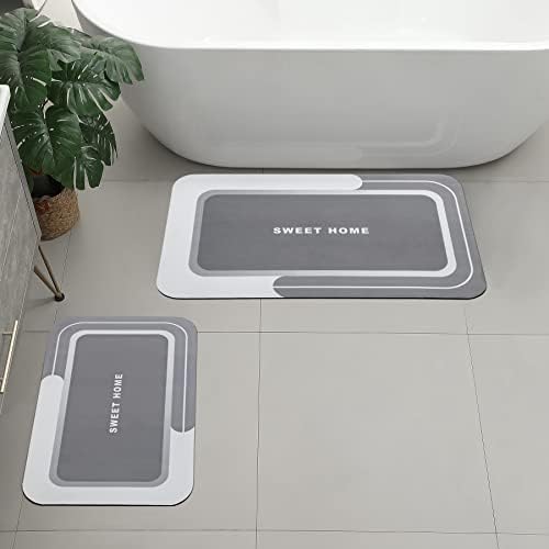 Teewas Super Absorbent Floor Mat- Non Slip Water Absorbent Mat- Diatomite Bathroom Rug Set 2 Piece- Machine Wash/Dry, for Tub, Shower, and Bath Room,Grey