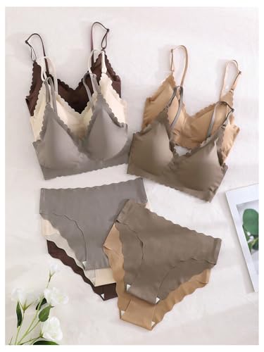 Image of BEAUDRM Women's 5 Pack Seamless Lingerie Sets Scallop Trim Wireless Bralettes No Show Bra and Panty Sets Matching Underwear
