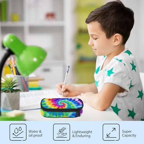 Image of Tiedye Pencil Case, Large Capacity Pen Pencil Case for Boys Girls Teen, Kids 3 Compartments Multifunction Pencil Box with Zipper Organizer, Pencil Pouch for Back to School Students