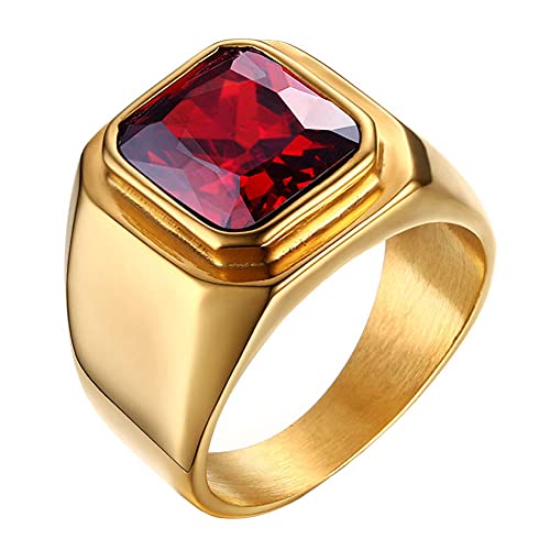 INRENG Men's Stainless Steel Square Gemstone Wedding Ring Signet Band Gold Red Stone Size 13