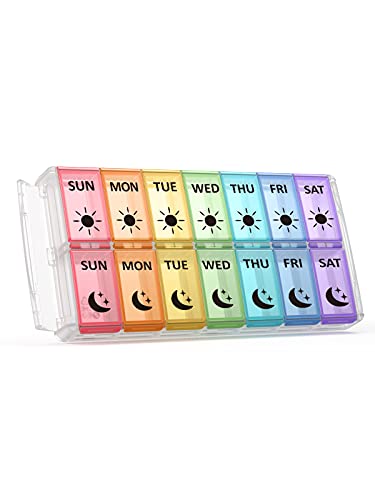 Image of Fullicon Quick Fill, Pill Organizer 2 Times a Day, Rainbow Clear | Each Compartment Holds 15 Fish Oils, 30 Vitamins, or 25 Capsules, Two Side Buckle Locks, Detachable Base, BPA Free Plastic