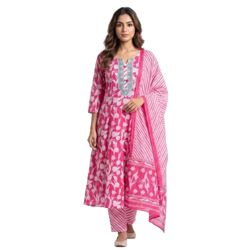 Women's Jaipuri Cotton 3 Piece Suit Set | Printed Cotton Kurta Pant with Dupatta | Ethnic Floral Hand Block Inspired Design | Straight Kurta | Soft & Breathable Casual Wear-image-20