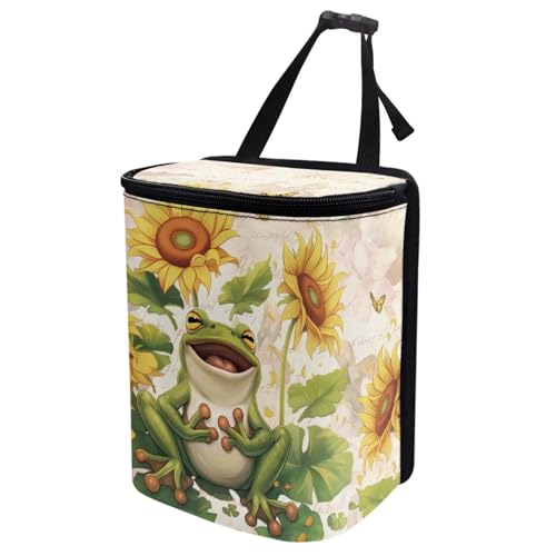 Image of Talayituse Frog Sunflower Butterfly Print Car Trash Bin, Large Size Auto Trash Can Adjustable Portable Garbage Can with Lid, Vehicle Hanging Bag for Headrest Front Back Seat