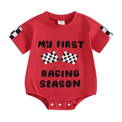 KMBANGI My First Racing Season Outfit Newborn Baby Boy Girl Short Sleeve Race Car Checkered Flag Romper Infant Clothing 0-18M