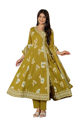 Image of Pistaa's Women's Pure Cotton Anarkali Floral Printed Hand Work Kurta with Pant & Dupatta Set