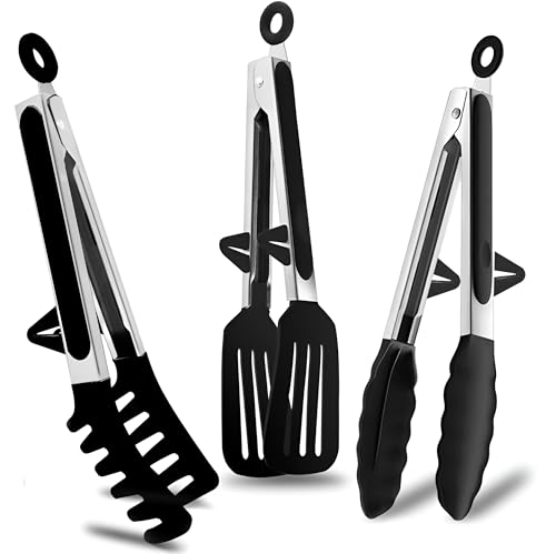 Image of YOMITH Stainless Steel Kitchen Tongs with Silicone Head, Nonstick Food Grade Cooking Tweezer Chimta for Buffet Multi Purpose Food Serving Tools (Black, 3 PCS Set)