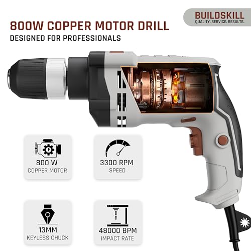 Image of BUILDSKILL 136 PCs Impact 800W Corded Electric Drill Toolkit | 3300 RPM | 48000 Impact Rate | Copper Motor | 13mm Keyless Chuck Drill Machine for Wall Drilling | Forward-Reverse | Professional & DIY