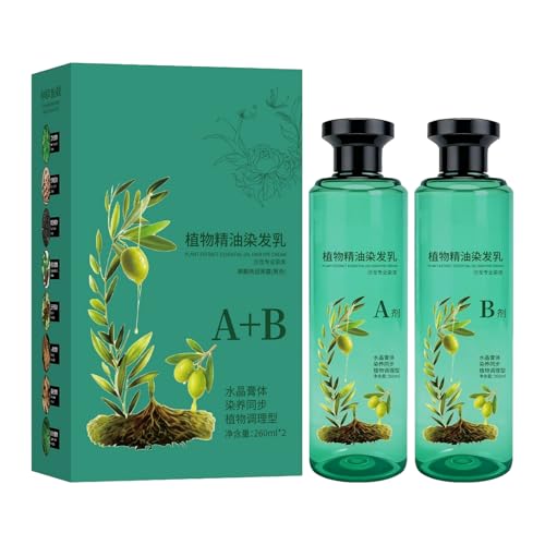Tinte capilar con aceites esenciales botánicos para hombres mujeres, cobertura de raíz a puntas, 260 ml x 2, fórmula larga duración, color negro natural, castaño oscuro té con leche.