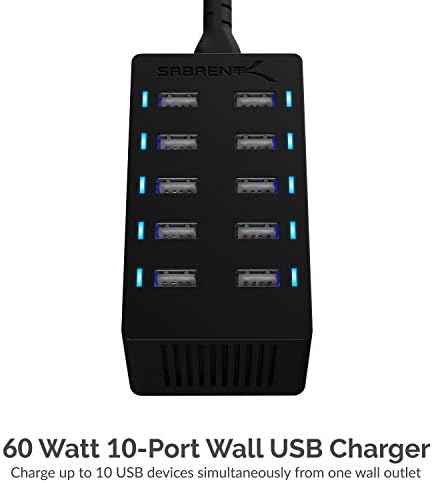 Sabrent 60 Watt (12 Amp) 10-Port Family-Sized Desktop USB Rapid Charger. Smart USB Ports with Auto Detect Technology [Black] (AX-TPCS)