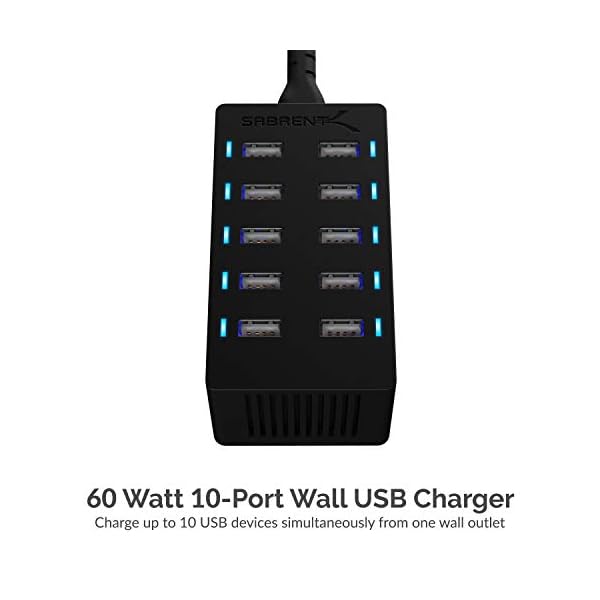 Sabrent 60 Watt (12 Amp) 10-Port [UL Certified] Family-Sized Desktop USB Rapid Charger. Smart USB Ports with Auto Detect Technology [Black] (AX-TPCS) - Image 4