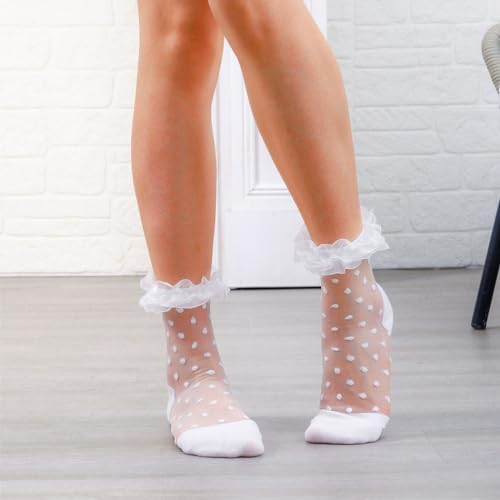 Image of Ruffle See Through Socks Dot Lace Sheer Socks Tulle Cool Mesh Ankle Sock for Women 2 Pairs