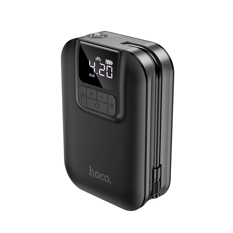 HOCO S53 Breeze Portable Smart Air Pump, side view with display showing 'BAR' for bicycle.