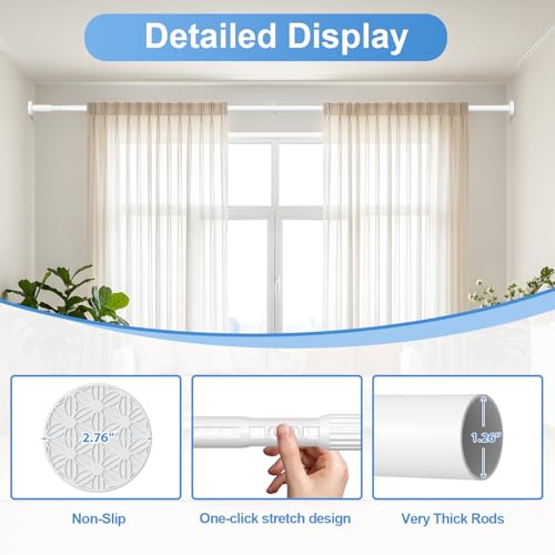 Image of Long Tension Rod 41-126inch White Tension Curtain Rods no Drilling | 1.26 inch Diameter Outdoor Curtain Rod for Patio,Windows,Anywhere Heavy Duty Spring Rods Adjustable