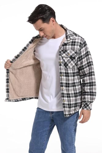 Image of Men's Sherpa Cotton Flannel Shirt Jacket Plaid Button Coat Pocket