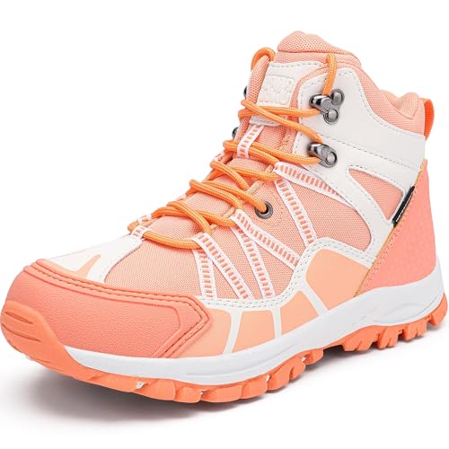 R CORD Kids Hiking Boots Outdoor Ankle Hiking Boots Girls Trekking Walking Boots with Drawstring Non-Slip Outdoor Boots Peach 2 Little Kid