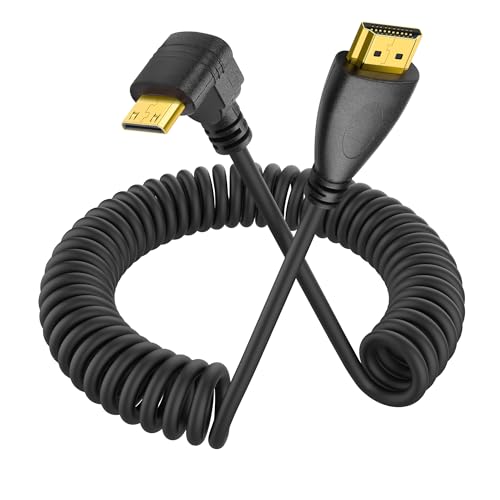 90 Degree Mini HDMI Coiled Cable YACSEJAO Mini HDMI Male to HDMI Male Stretch Coiled Cord for Cameras, DSLRs, Camcorders, Portable Screens and Monitors (Down Angle)