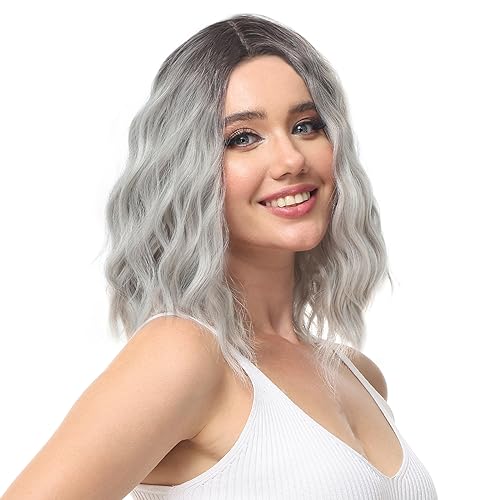 Halloween Cosplay Wig Ombre Grey Lace Front Wavy Bob Wigs for Women