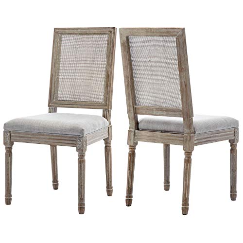 Farmhouse Dining Room Chairs, Fabric French Distressed Bedroom Chairs with Rectangle Rattan Back, Elegant Tufted Kitchen Chairs, Set of 2, Beige