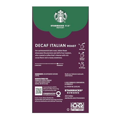 Starbucks VIA Instant Coffee, Dark Roast Coffee, Decaf Italian Roast, Arabica Beans, Single-Serve, 1 Box (20 Packets) - image 8
