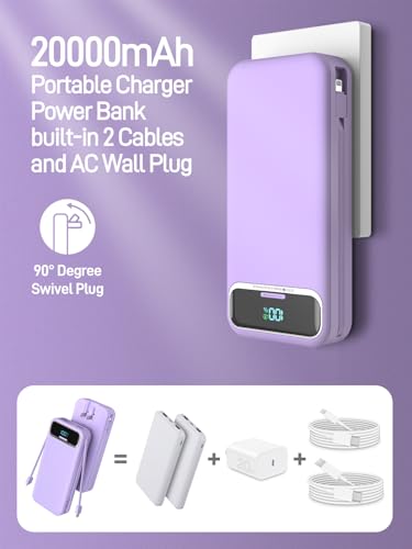 Image of Nusyddy Portable Charger 20000mAh 22.5W w /Built-in Cables & Wall Plug Purp. | 22.5W Fast Charging, High Capacity, LED Display, Charge 5 Devices at once, TSA Approved, Compatible with iPhone /iPad /Samsung