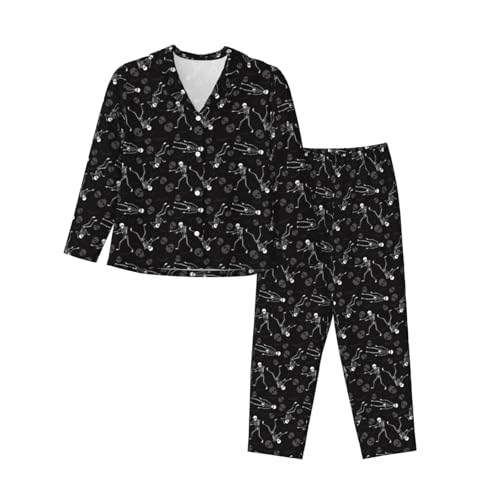 Conjunto de pijama para mujer con bolsillos, diseño de calavera, cómodo y largo de 2 piezas para dormir, Negro -, Large