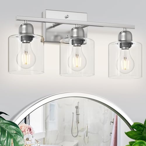 Image of Modern Brushed Nickel 3 Light Bathroom Light Fixtures,19 inch Vanity Lights For Bathroom With Clear Glass, Bathroom Lighting Fixtures Over Mirror For Mirror Kitchen Living Room Hallway Cabinet Porch