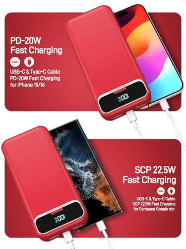 Image of Nusyddy Portable Charger 20000mAh 22.5W w /Built-in Cables & Wall Plug Red | 22.5W Fast Charging, High Capacity, LED Display, Charge 5 Devices at once, TSA Approved, Compatible with iPhone /iPad /Samsung