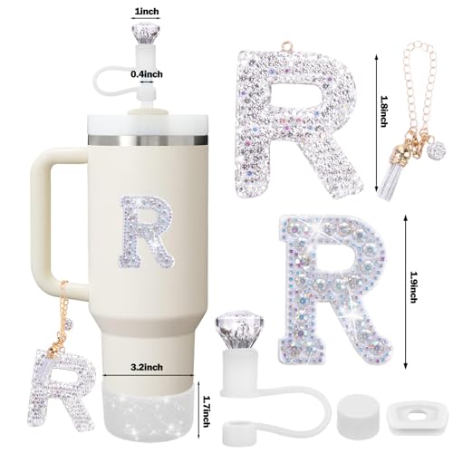Mity rain Accessories Set for Stanley Cup, Initials Decorations for Tumbler Cup 30/40OZ, Including Diamond Straw Topper/Spill Proof Stopper/Sparkly Silicone Boot Set/Letter Charms for Handle A-Z (R)