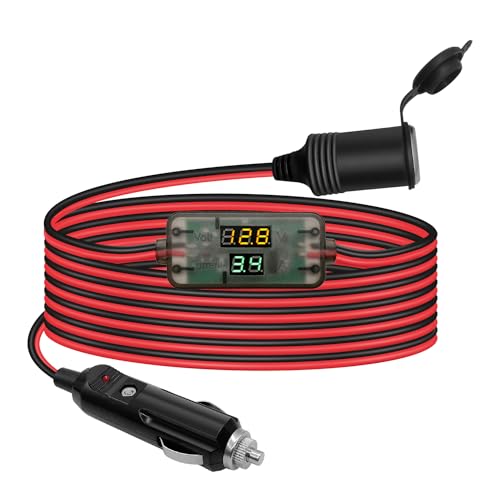 Hoembpn 2M 3-in-1 Batterie Monitor KFZ Verlängerungskabel Zigarettenanzünder Buchse Adapter, 12V/24V Auto Batteriewächter Zigarettenanzünder Steckdose 10A 17AWG Kabel mit LED Voltmeter Amperemeter