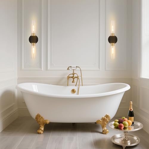 Image of BYOLIIMA Modern Knurled Texture Wall Sconce Clear Glass Shade Modern Gold Black Bathroom Vanity Light Fixtures 2-Lights Mid Century Wall Light for Mirror Living Room Hallway E26 T10 Bulbs(Excluded)