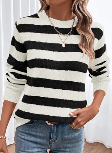 Image of Dokotoo Sweaters for Women 2026 Crewneck Striped Cute Color Block Fall Winter Knitted Pullover Tops