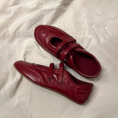 Women's Round Toe Retro Sneakers Double Strap Ballet Flats Red Low Top Classic Causal Shoes4