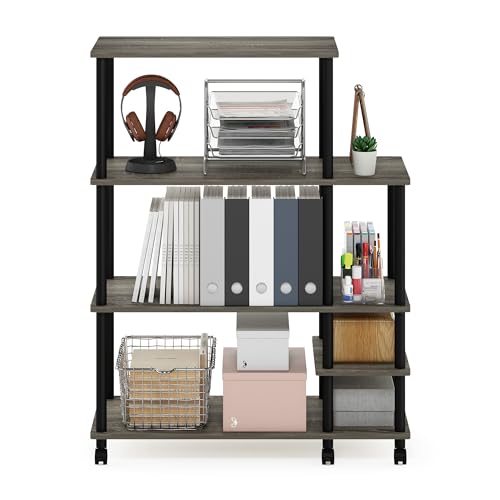 Furinno Turn-N-Tube 4-Tier Wide Toolless Multipurpose Printer Stand Display Storage Shelf with Wheels, French Oak Grey/Black - image 6