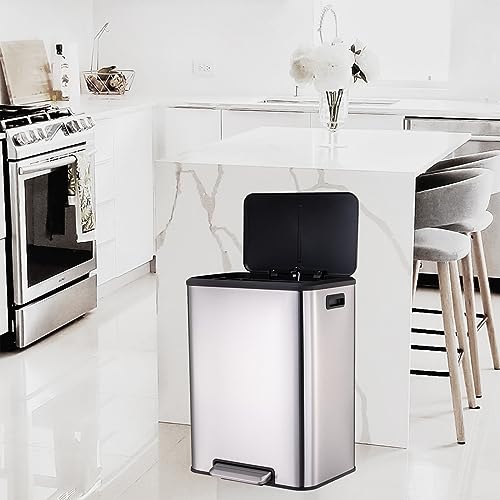 Image of GAOMON 30 Liter /8 Gallon Trash Can, Rectangular Hands-Free Dual Compartment Recycling Kitchen Step Trash Can with Soft-Close Lid, Stainless Steel Garbage Can with 2 x 15L Inner Buckets, Silver