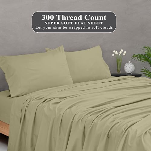 Image of Royale Linens 300 Thread Count 100% Long Staple Combed Cotton Flat Sheet - Super Soft - Top Sheets - Cal King Flat Sheet Sold Separately - Breathable, Cool & Crisp Sheets Only (Cal King, Sage Green)