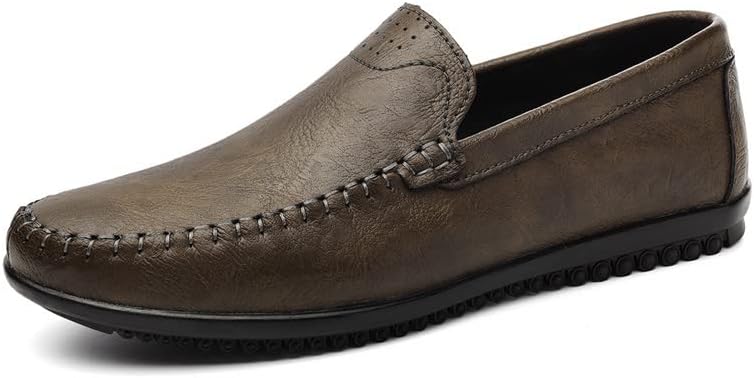 Mens Leather Slip-On Loafers Casual Shoes Soft Driving Moccasins Handmade Breathable Spring Summer Autumn Big Sizes Khaki & Black