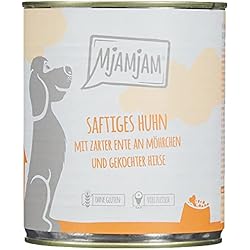 MjAMjAM - comida húmeda premium para perros - Pollo jugoso con pato tierno sobre zanahorias y mijo hervido, pack de 6 (6 x 800 g), natural con extra de carne