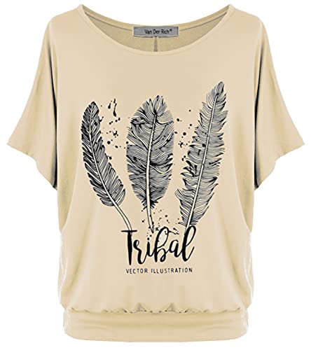 Van Der Rich ® - Tee Shirt Imprimé Oversize Manche Chauve Souris - Femme (Plume-Beige, XXL)