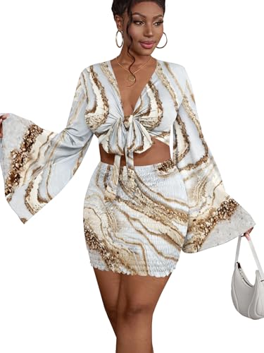 Image of LYANER Women 2 Piece Vacation Outfits Tie Knot Front Bell Long Sleeve Crop Top and Mini Skirt Summer Set